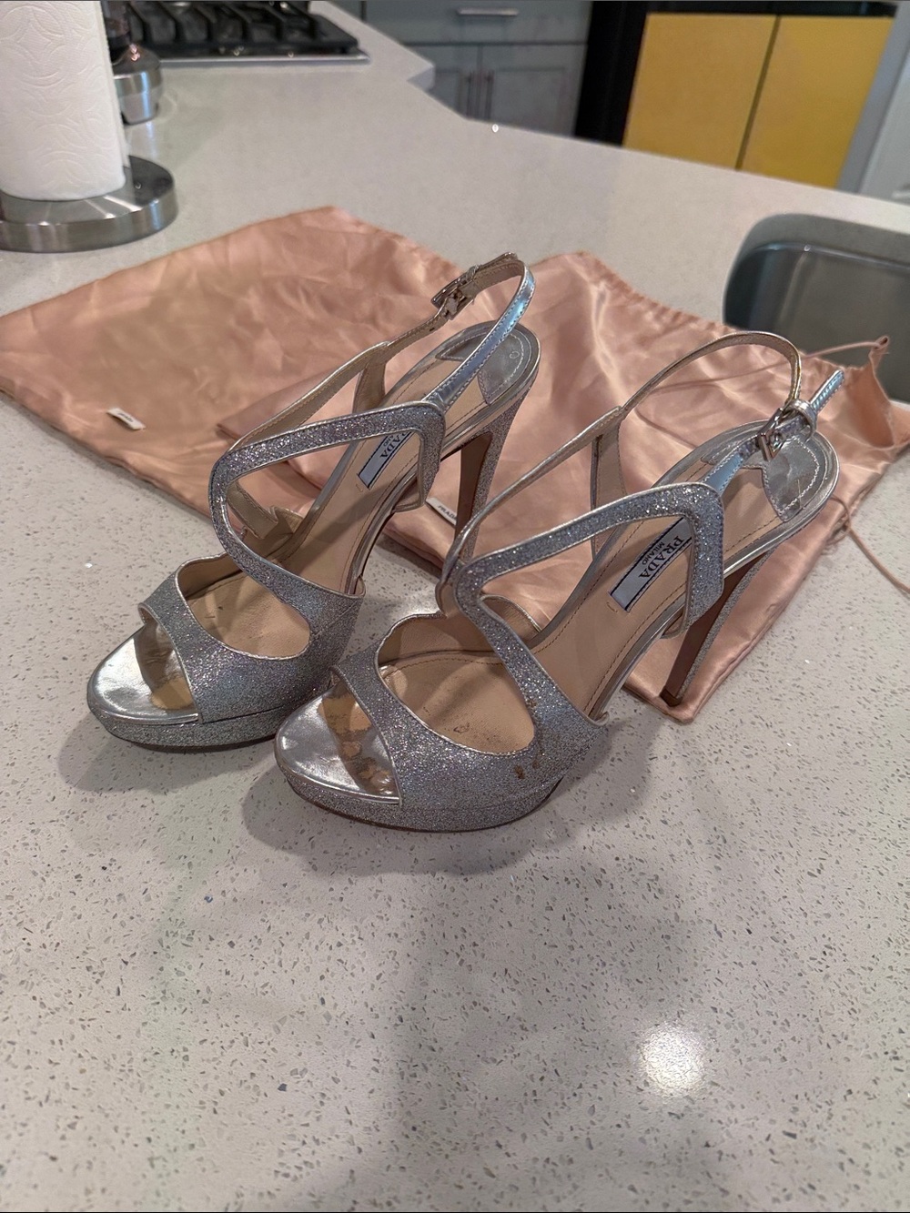 Prada Silver Glitter Strappy Slingback Heels
